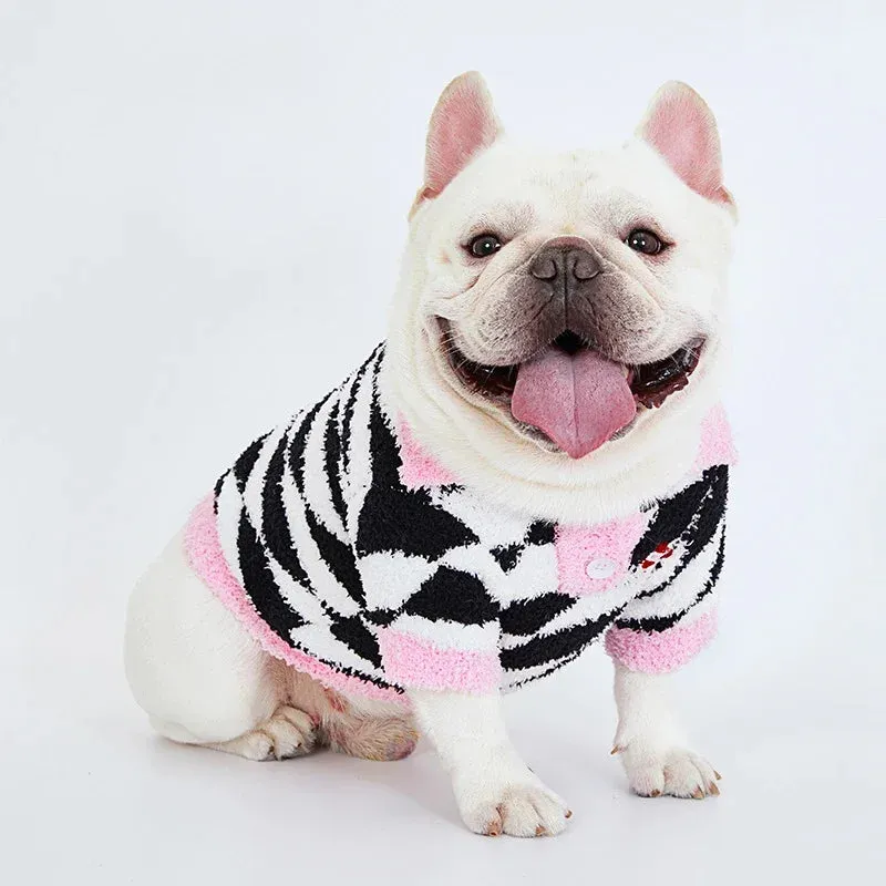 Winter Fleece Dog Sweater - Warm Thicken Pullover with Black and White Rhombus Print