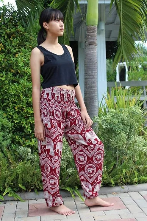 Women's Rayon Print Smocked Waist Boho Harem Pant (Red Elephant)