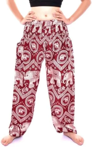 Women's Rayon Print Smocked Waist Boho Harem Pant (Red Elephant)