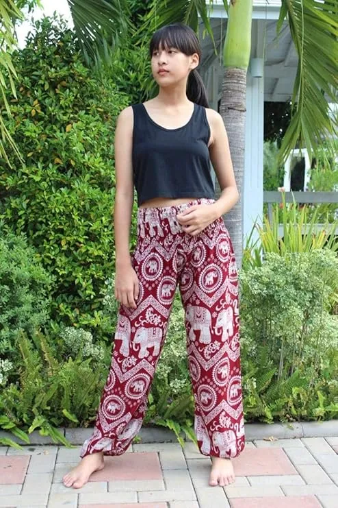 Women's Rayon Print Smocked Waist Boho Harem Pant (Red Elephant)