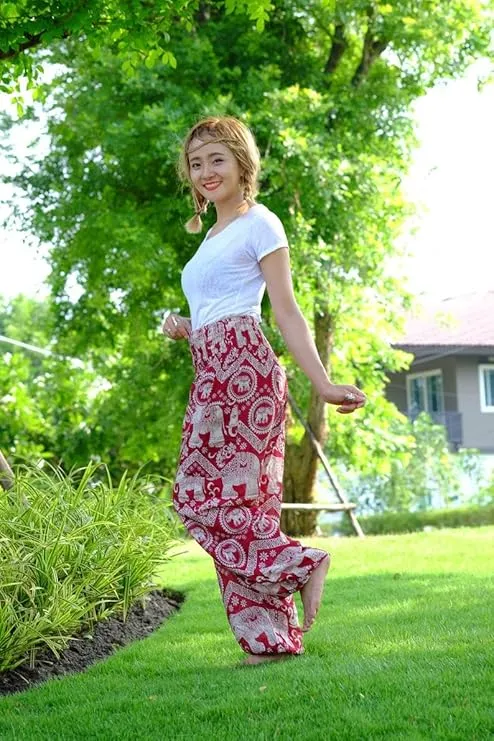 Women's Rayon Print Smocked Waist Boho Harem Pant (Red Elephant)