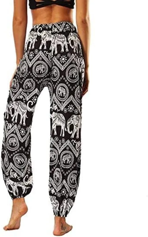 Women's Rayon Print Smocked Waist Boho Harem Pants (Classic Black Elephant)