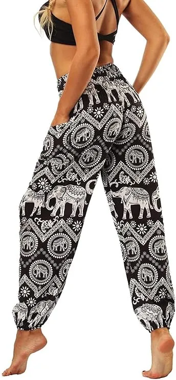 Women's Rayon Print Smocked Waist Boho Harem Pants (Classic Black Elephant)