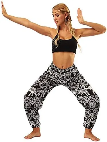 Women's Rayon Print Smocked Waist Boho Harem Pants (Classic Black Elephant)