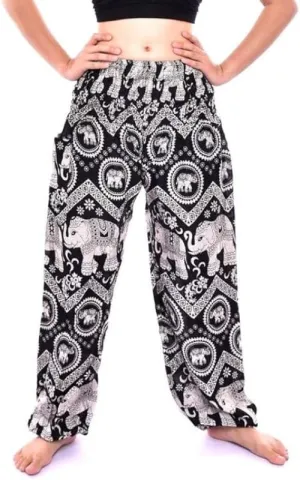 Women's Rayon Print Smocked Waist Boho Harem Pants (Classic Black Elephant)