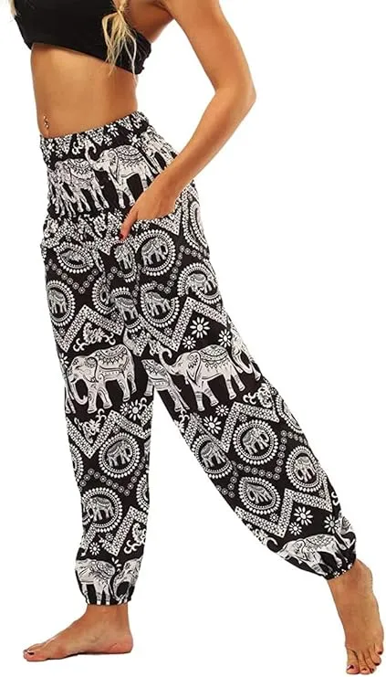 Women's Rayon Print Smocked Waist Boho Harem Pants (Classic Black Elephant)