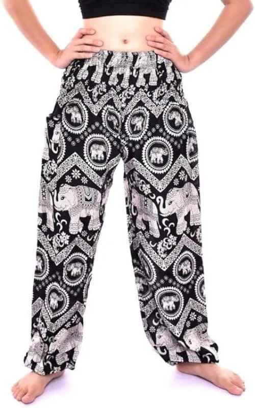 Women's Rayon Print Smocked Waist Boho Harem Pants (Classic Black Elephant)
